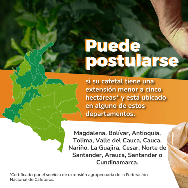 La imagen muestra un gráfico promocional o informativo en español. Está relacionado con el cultivo y la postulación del café, lo que sugiere que está dirigido a caficultores o productores. El gráfico incluye un mapa de una región, probablemente una zona productora de café, y una lista de departamentos o provincias donde es posible el cultivo de café.