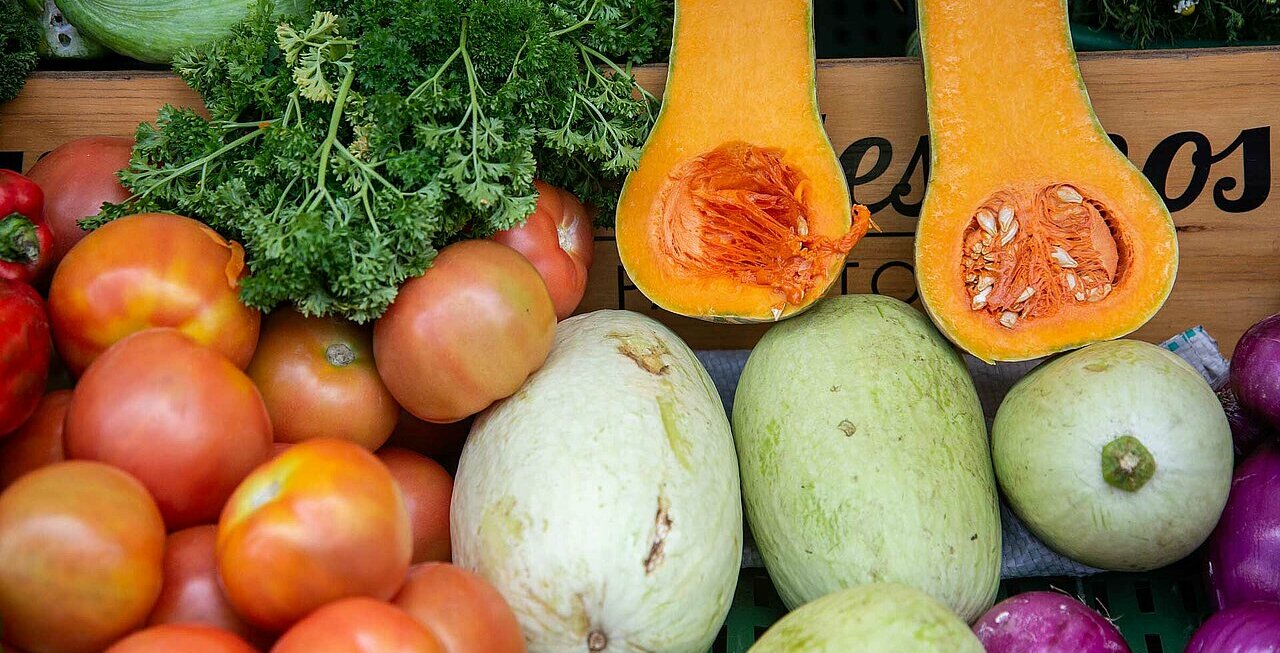 La imagen muestra varias frutas y verduras: un par de melones, una calabaza y un manojo de brécol. Los melones están a la izquierda y la calabaza a la derecha. El brócoli está en el centro del expositor, con algunos trozos esparcidos. La disposición de estas frutas y verduras crea una presentación atractiva y colorida, propia de una tienda de comestibles o un mercado.