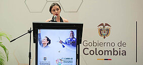 En la imagen se puede apreciar a la ministra dando una conferencia sobre ICARD