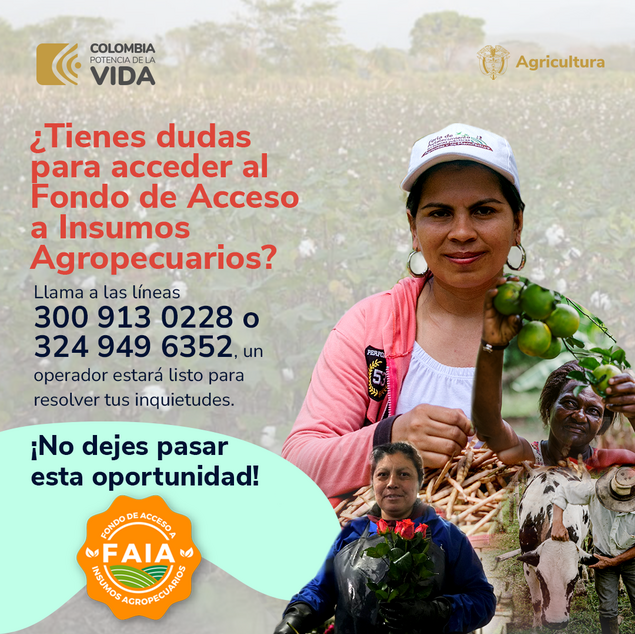 La imagen parece ser un cartel publicitario o informativo relacionado con los fondos de acceso a la agricultura en Colombia. En ella aparece una mujer con un ramo de limas verdes en la mano, lo que sugiere una relación con la agricultura o la ganadería.