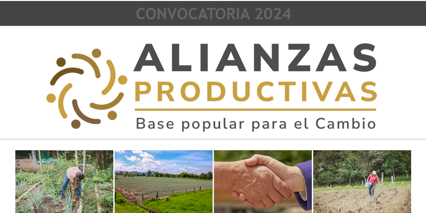 Se pueden apreciar varias imágenes, en la parte superior de la imagen se ve el titulo convocatoria 2024, en la mitad de la imagen un texto grande que dice Alianzas productivas base popular para el cambio y en la parte inferior cutro imagenes, una con una persona trabajando la tierra en el campo, la segunda es una panoramica muy hermosa del campo con un cielo claro, el tercero son dos manos estrechadas y el cuarto otra persona trabajando o sembrando el campo 