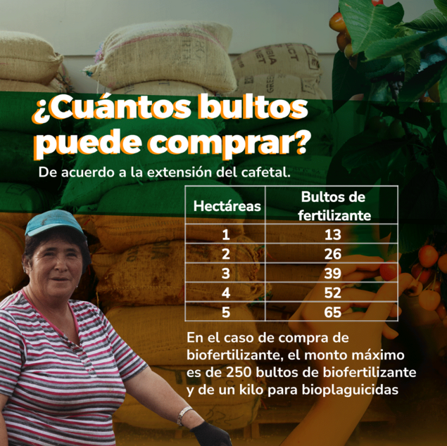 La imagen muestra a una mujer de pie delante de una pila de sacos, que parecen estar llenos de granos de café. El texto de la imagen está en español y parece ser un gráfico informativo sobre el número de sacos de café que una persona puede comprar, dependiendo de la extensión de la plantación de café.  La tabla enumera el número de hectáreas de cafetal y el correspondiente número de sacos de abono que se pueden comprar. Por ejemplo, para 1 hectárea, una persona puede comprar 13 sacos de fertilizante, y para 5 hectáreas, puede comprar 65 sacos de fertilizante.  El texto también menciona que en el caso de comprar biofertilizante, la cantidad máxima es de 250 sacos de biofertilizante y 1 kilo para bioplaguicidas.