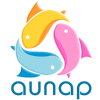 La imagen corresponde al logo institucional de la AUNAP (Autoridad Nacional de Acuicultura y Pesca). Su composición es dinámica y colorida, transmitiendo movimiento y equilibrio