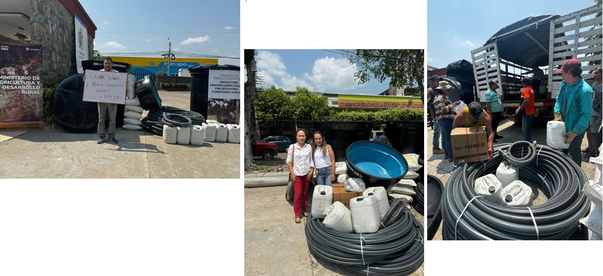 La imagen es un collage de tres fotografías distintas. En la primera foto, hay una persona de pie junto a un gran objeto hinchable, que parece ser un depósito de agua o un equipo similar. La persona sostiene un cartel que está parcialmente oculto, pero parece estar relacionado con una causa o un acontecimiento, posiblemente relacionado con la conservación del agua o del medio ambiente, dado el contexto del tanque hinchable. La segunda foto muestra a dos individuos de pie delante de una pila de lo que parecen depósitos o contenedores de agua. Sonríen y parecen posar para la foto. La tercera foto muestra un gran rollo de lo que parece ser una manguera o tubería de agua, con varias personas de pie a su alrededor. La manguera está perfectamente enrollada y parece lista para su uso o transporte.