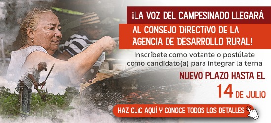 Banner informativo del Ministerio de Agricultura de Colombia sobre la ampliación de la convocatoria para elegir representantes campesinos ante el Consejo Directivo de la Agencia de Desarrollo Rural. La imagen muestra a una mujer campesina trabajando, junto con texto destacado que informa que el nuevo plazo de inscripción y postulación es hasta el 14 de julio.