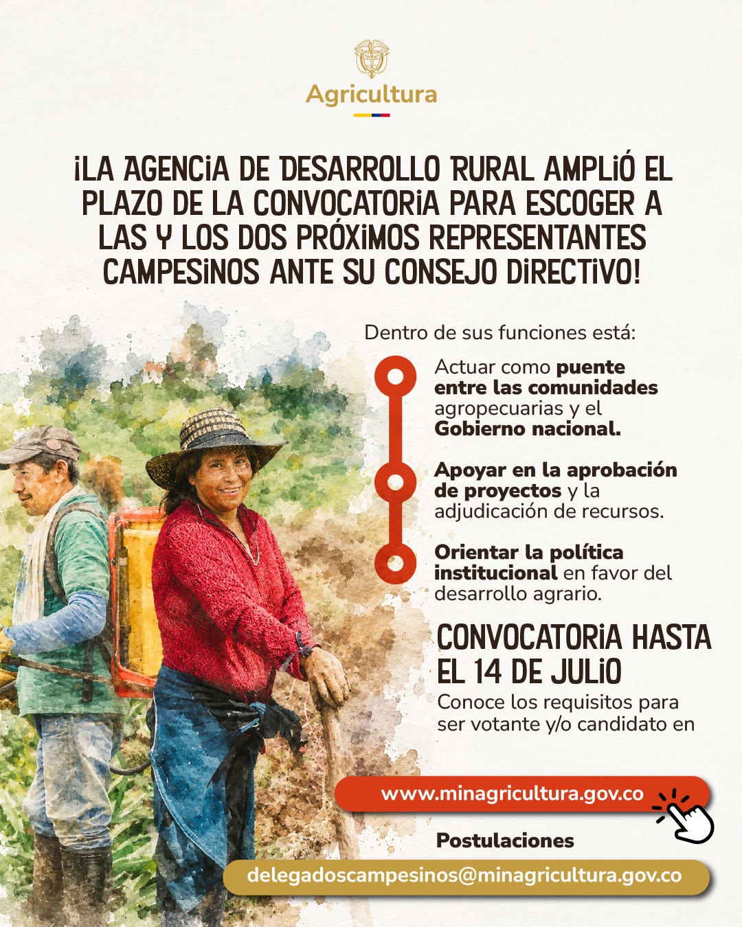 Imagen institucional del Ministerio de Agricultura sobre la ampliación de la convocatoria para elegir representantes campesinos ante el Consejo Directivo de la Agencia de Desarrollo Rural, destacando sus funciones y el plazo de inscripción hasta el 14 de julio.