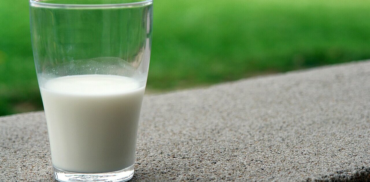 La imagen muestra un vaso de leche sobre una superficie de hormigón, posiblemente una acera o una mesa. El vaso está lleno de leche y parece transparente, lo que permite ver su contenido.