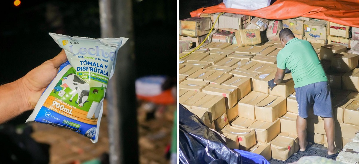 La imagen muestra dos escenas diferentes. A la izquierda, un primer plano de una mano que sostiene un paquete de leche de la marca «Cecilia». El envase indica que contiene 900 ml de leche. A la derecha, hay una persona inclinada sobre un gran número de cajas de cartón, que parecen estar apiladas de forma ordenada. La persona lleva una camisa verde y parece estar organizando o clasificando las cajas.