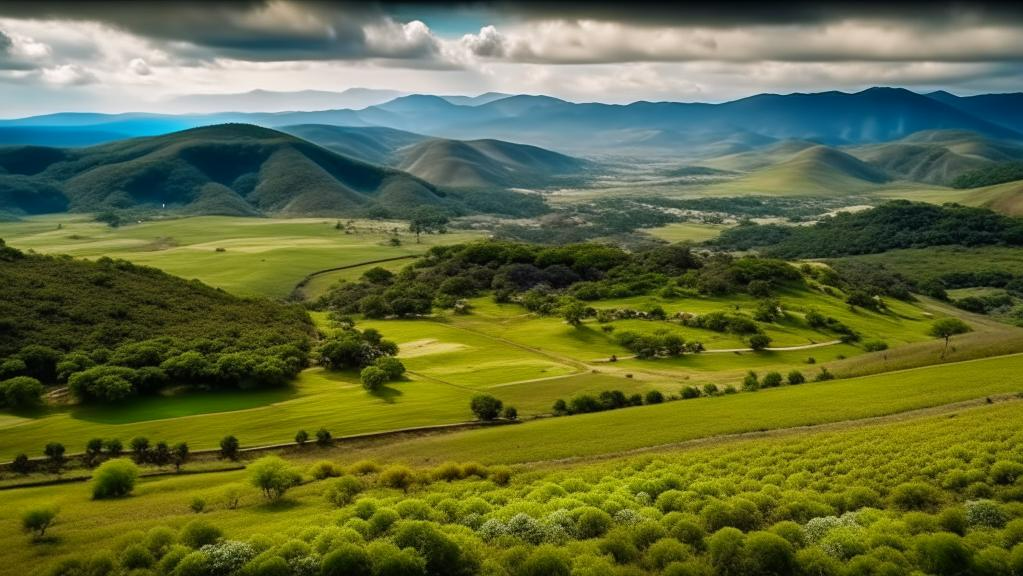 La imagen muestra un exuberante valle verde con un gran campo de hierba, rodeado de montañas. El valle está lleno de árboles, creando un paisaje pintoresco. Las montañas del fondo están cubiertas de nubes, lo que añade serenidad al ambiente.  Hay algunas personas dispersas por el valle, posiblemente disfrutando del hermoso paisaje o realizando actividades al aire libre. Además, se puede ver un caballo pastando en el valle, lo que realza aún más el entorno tranquilo y natural.